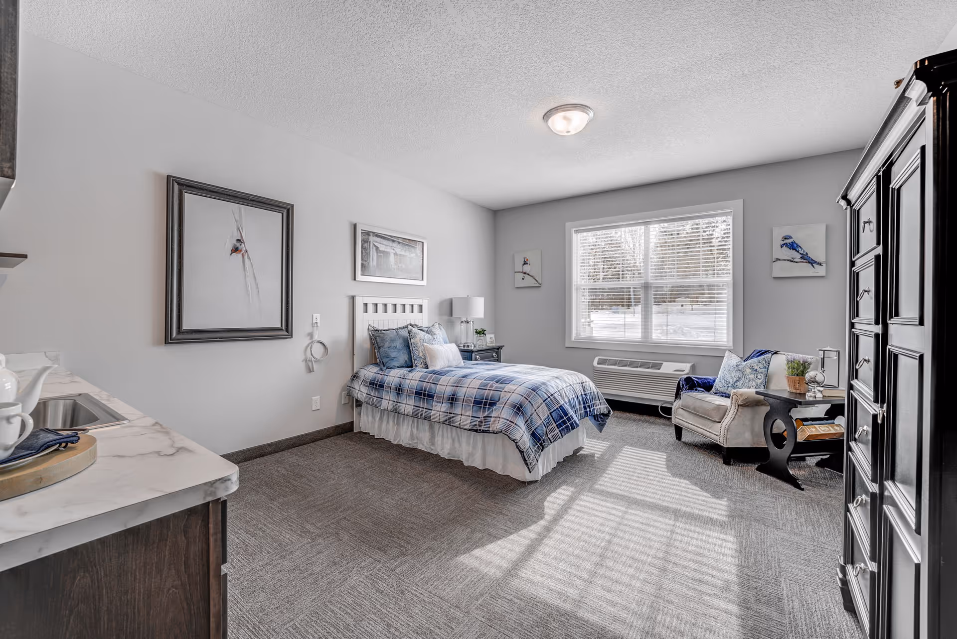 A bright and cozy bedroom in a senior living facility featuring a single bed with blue plaid bedding, a nightstand with a lamp, a comfortable armchair with pillows, a large window with blinds letting in natural light, framed bird artwork on the walls, a dark wooden dresser, and a small kitchenette area with a sink and countertop.
