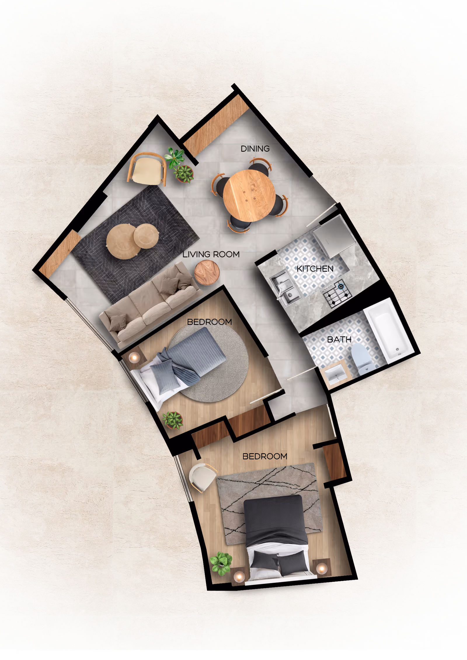 Top-down view of a two-bedroom apartment floor plan showing labeled areas including a living room with a sofa and coffee tables, a dining area with a round table and four chairs, a kitchen with appliances, a bathroom with a bathtub and toilet, and two bedrooms each furnished with beds and additional furniture.