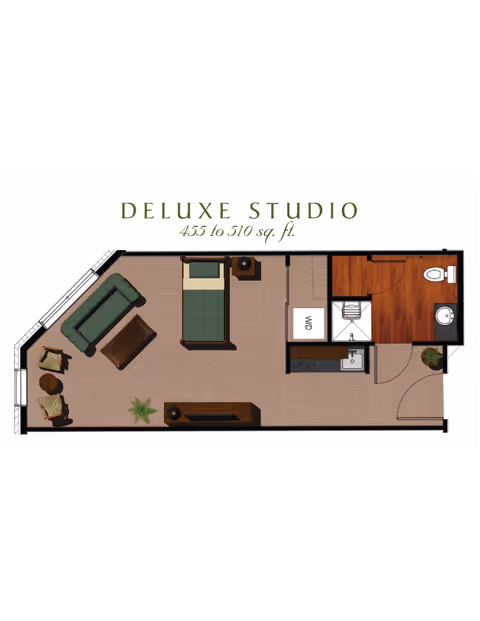 Floor plan of a deluxe studio apartment measuring 455 to 510 square feet, featuring a living area with a sofa, coffee table, and two chairs, a bed with a nightstand, a kitchen area with a sink and washer/dryer, and a bathroom with a toilet and sink.