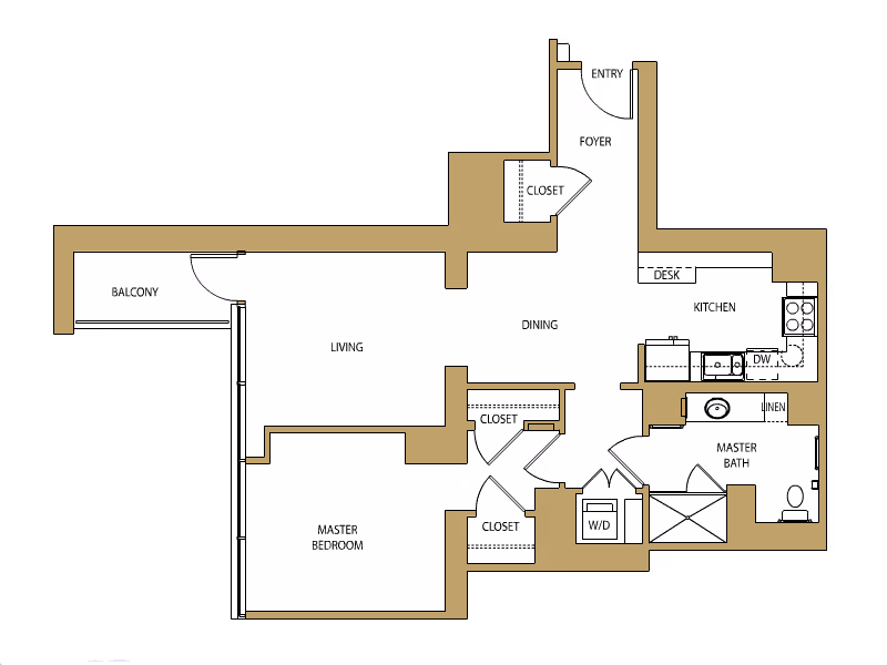 Floor plan of a residential unit at The Clare showing a master bedroom with two closets, a master bathroom, a living area with balcony access, a dining area, a kitchen with appliances, a foyer with closet, and a washer/dryer area.