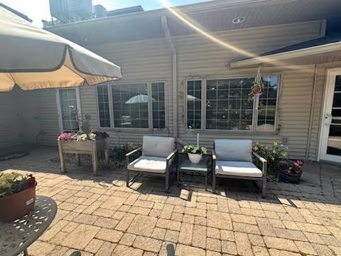 Outdoor patio area with two cushioned chairs and a small table between them, potted plants on the table and around the seating area, a large umbrella providing shade, and a building wall with windows and a door in the background.