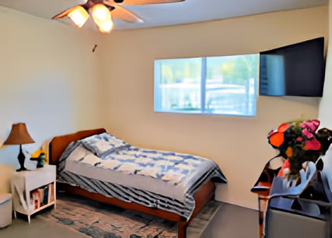 A simple bedroom with a single wooden bed covered with a blue and white quilt. There is a small nightstand with a lamp and some books on the left side of the bed. A ceiling fan with lights is on the ceiling. A flat-screen TV is mounted on the wall to the right of a window that lets in natural light. A vase with flowers is on a piece of furniture near the TV.