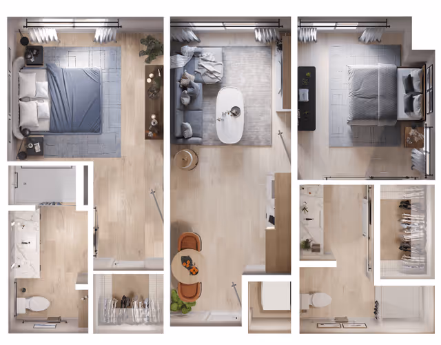 Top-down view of a senior living facility apartment layout showing two bedrooms, a living room with a sofa and coffee table, two bathrooms, and closets. The rooms have light wood flooring and neutral-colored rugs and furniture.