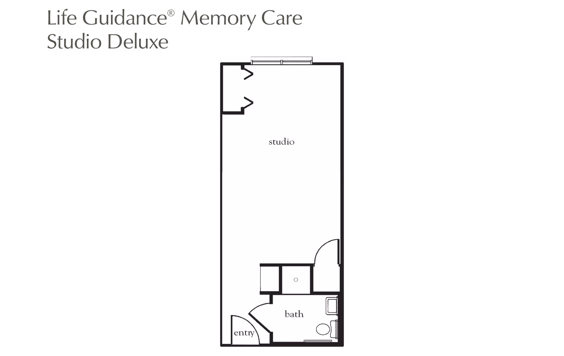 Floor plan layout titled Life Guidance Memory Care Studio Deluxe showing a studio apartment with an entry, a bathroom, and a main studio living area with closets.