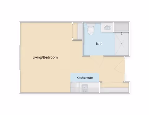 Simple floor plan of a studio unit showing a combined living/bedroom area, a kitchenette, and a separate bathroom.