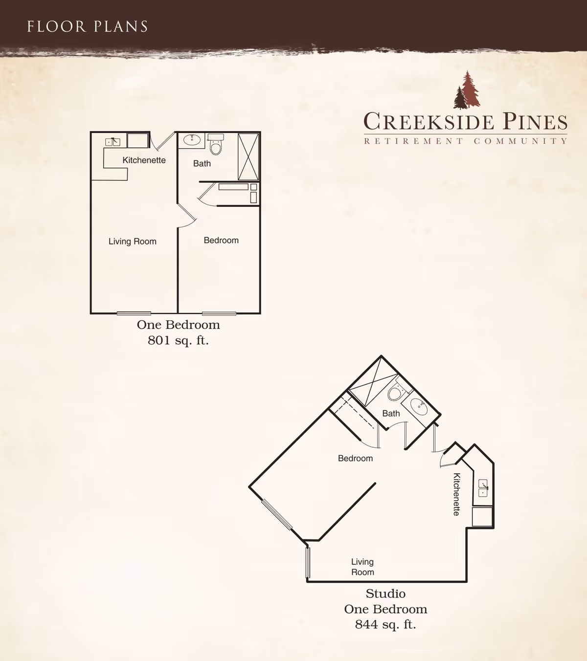 Floor plans for Creekside Pines Retirement Community showing two layouts: a one-bedroom unit with 801 sq. ft. including a kitchenette, living room, bedroom, and bath; and a studio one-bedroom unit with 844 sq. ft. including a kitchenette, living room, bedroom, and bath.
