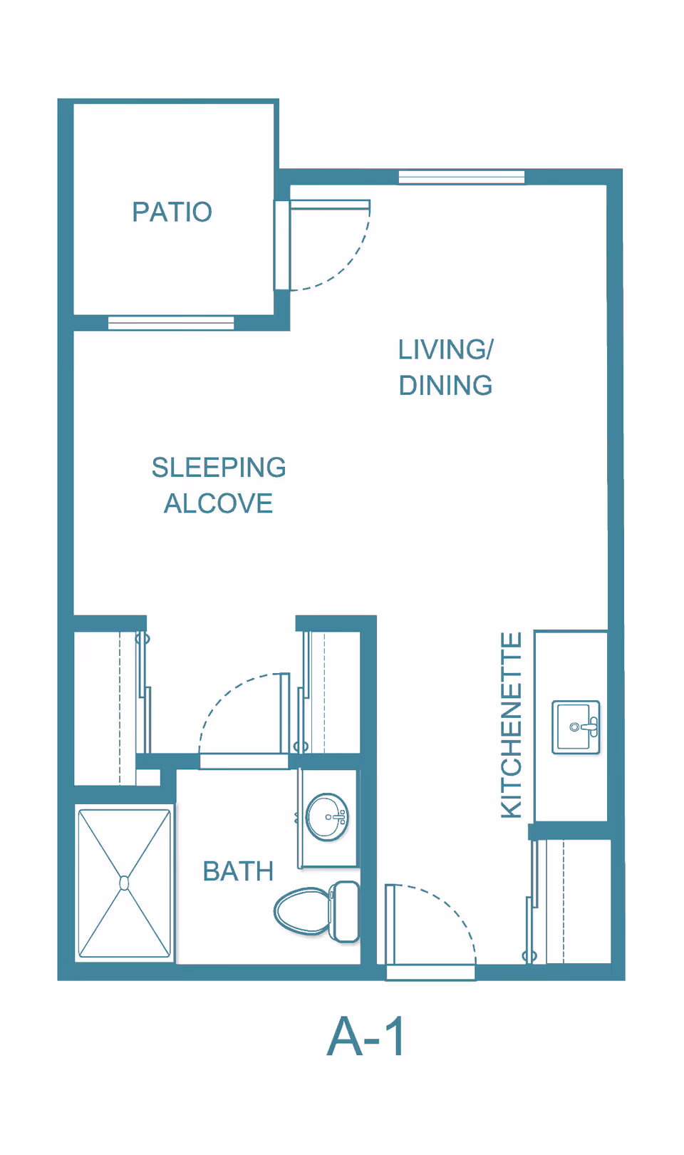 Floor plan labeled A-1 showing a studio layout with a sleeping alcove, living/dining area, kitchenette, bathroom, and a patio.