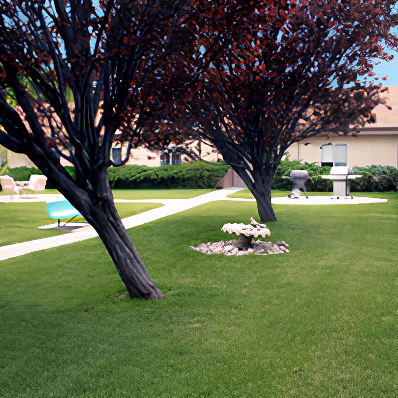 Outdoor garden area with green grass, two trees with dark red leaves, a curved concrete pathway, a turquoise bench, a stone birdbath, and two barbecue grills near a beige building in the background.