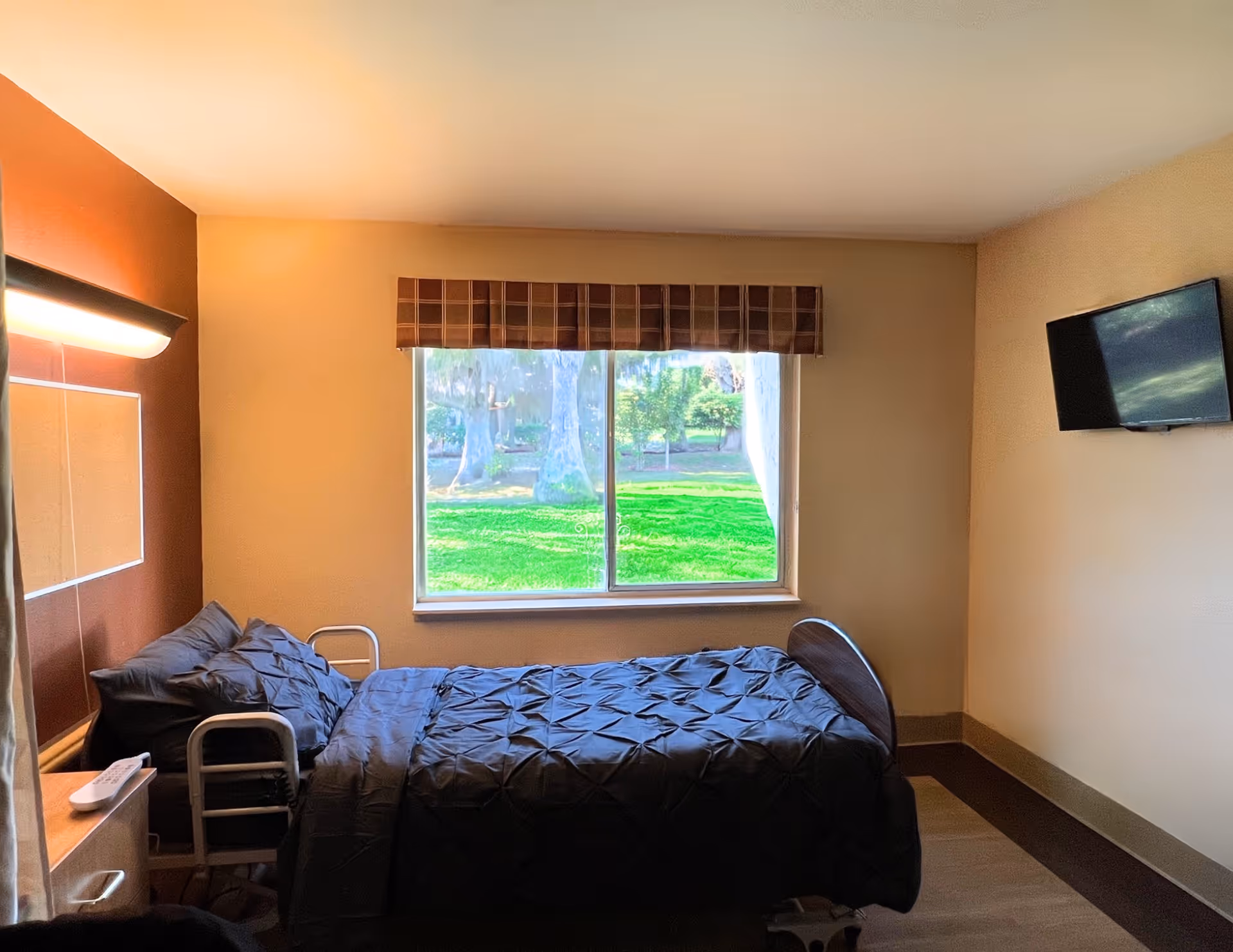 A small bedroom with a single bed covered in a dark comforter, a window with a view of green grass and trees outside, a wall-mounted TV, and a bedside table with a remote control.