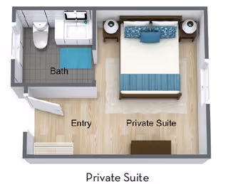 Floor plan of a private suite at The Woodmark at Sun City showing an entry area, a private suite with a bed and nightstands, and a bathroom with a toilet, sink, and shower.