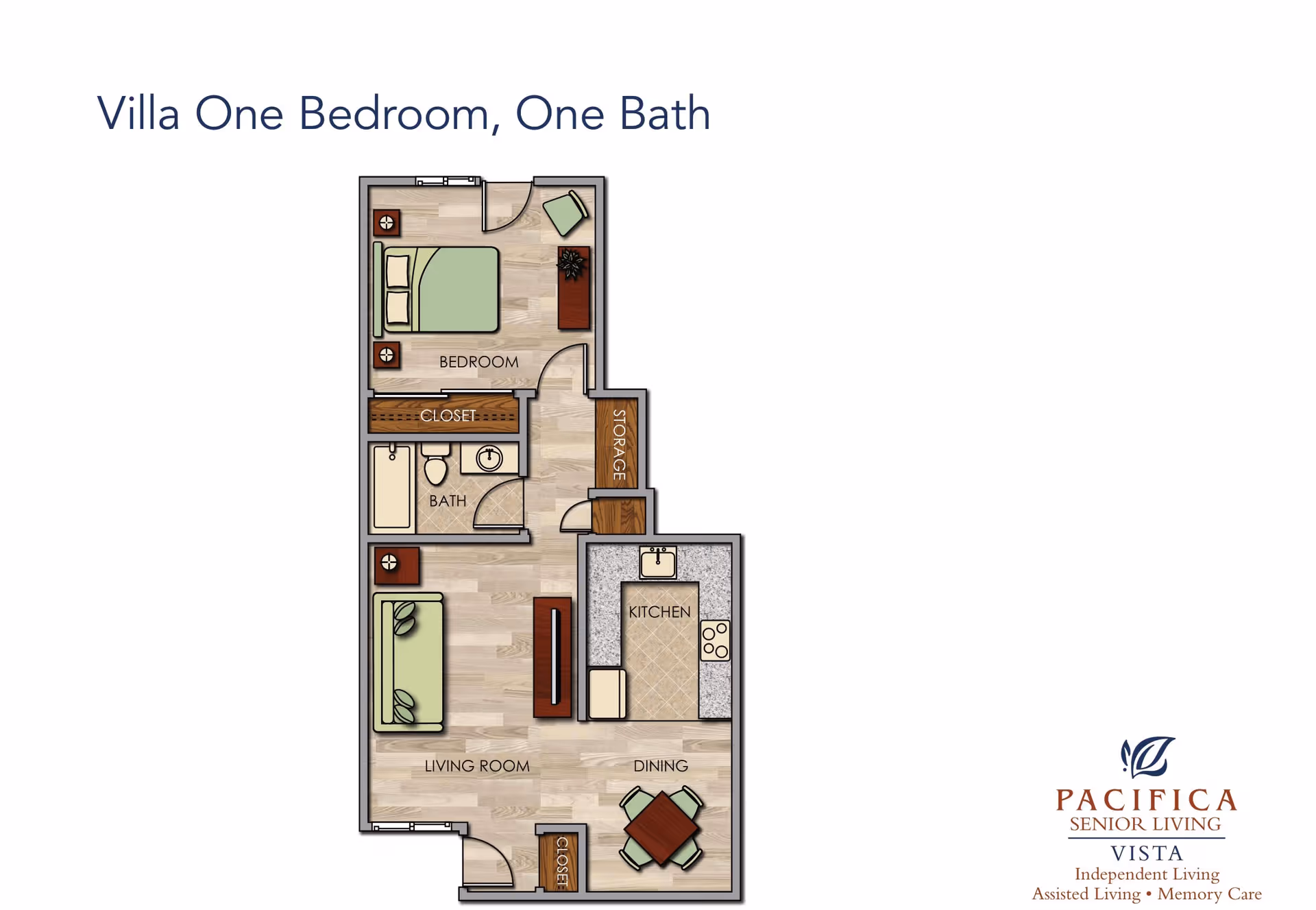 Floor plan of a villa with one bedroom and one bathroom, showing labeled areas including bedroom, closet, bath, storage, living room, kitchen, and dining area.