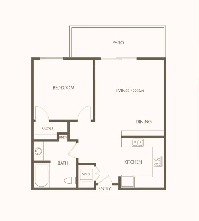 Floor plan of a one-bedroom apartment featuring a bedroom with a closet, a bathroom with a bathtub and toilet, a kitchen with a stove and sink, a dining area, a living room, an entryway with washer/dryer, and a patio.