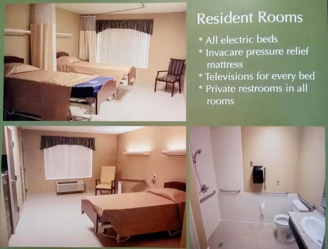 Collage of three images showing resident rooms and a bathroom at Happy Valley Health and Rehabilitation Center. The top left image shows two hospital beds with brown bedding, a chair, and a window with curtains. The bottom left image shows a single hospital bed with brown bedding, a chair, a small table, and a window with curtains. The bottom right image shows a bathroom with a toilet, sink, grab bars, and a soap dispenser. Text on the right side lists features of the resident rooms: all electric beds, Invacare pressure relief mattress, televisions for every bed, and private restrooms in all rooms.