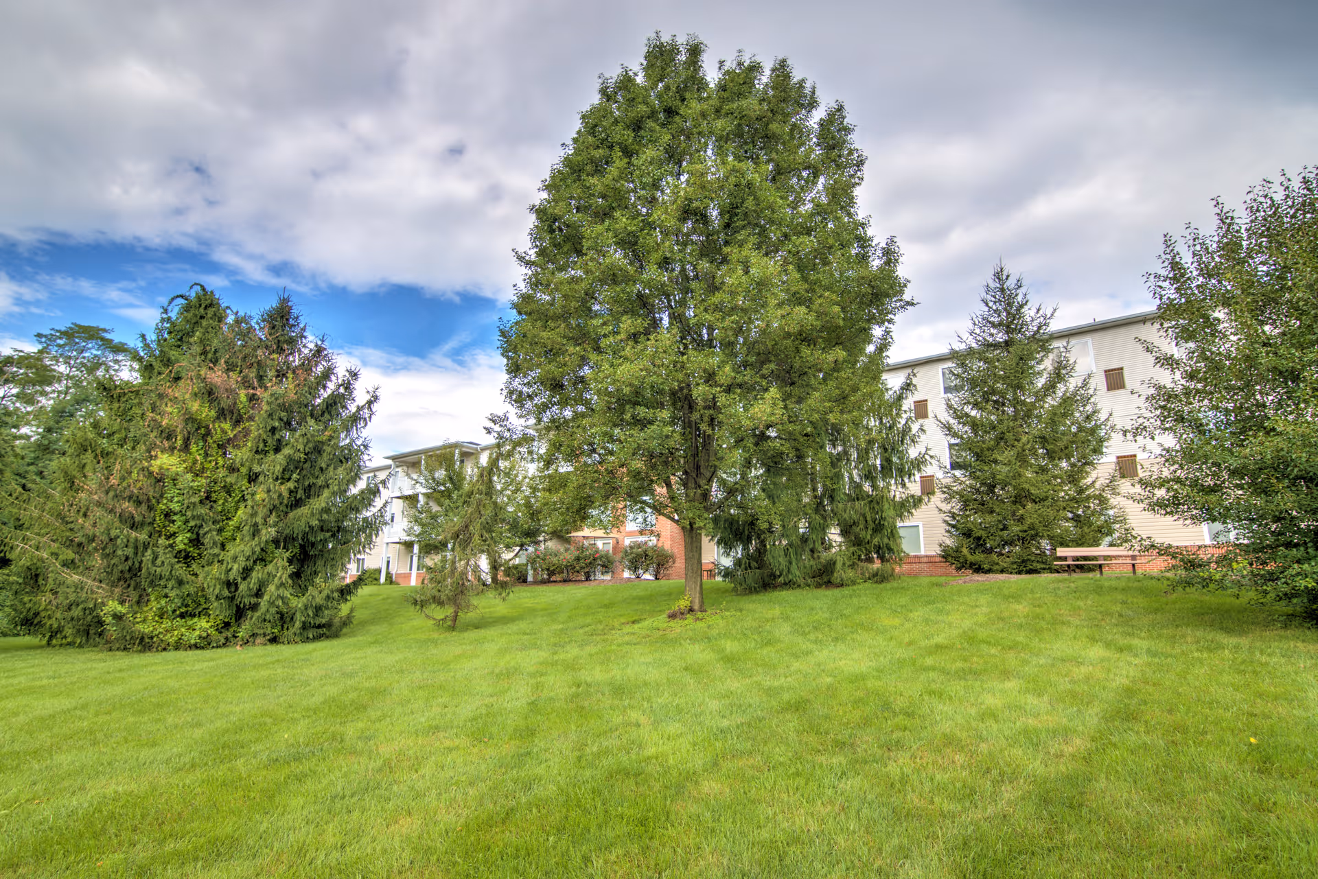 Green lawn and several trees in front of a multi-story senior living building beneath a partly cloudy sky.