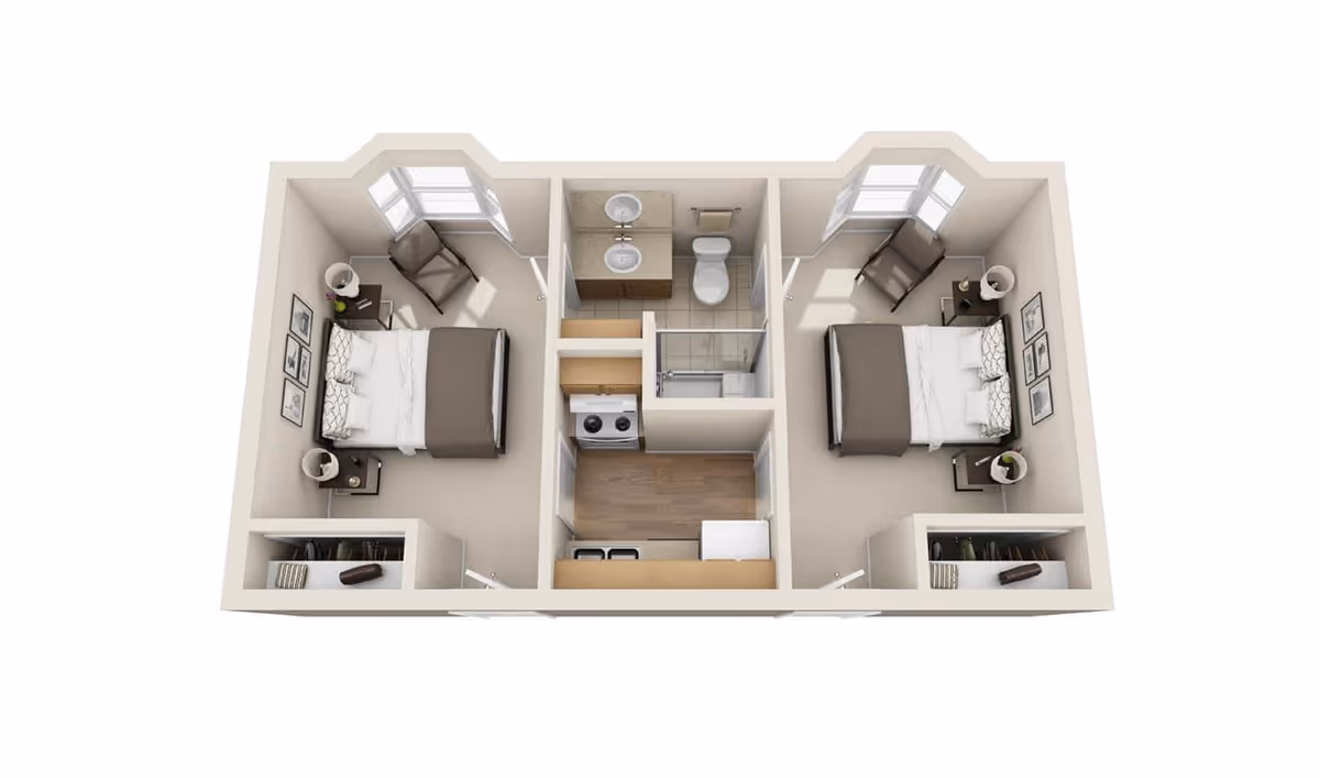 3D rendered floor plan showing two bedrooms on either side of a central bathroom and a small kitchenette.