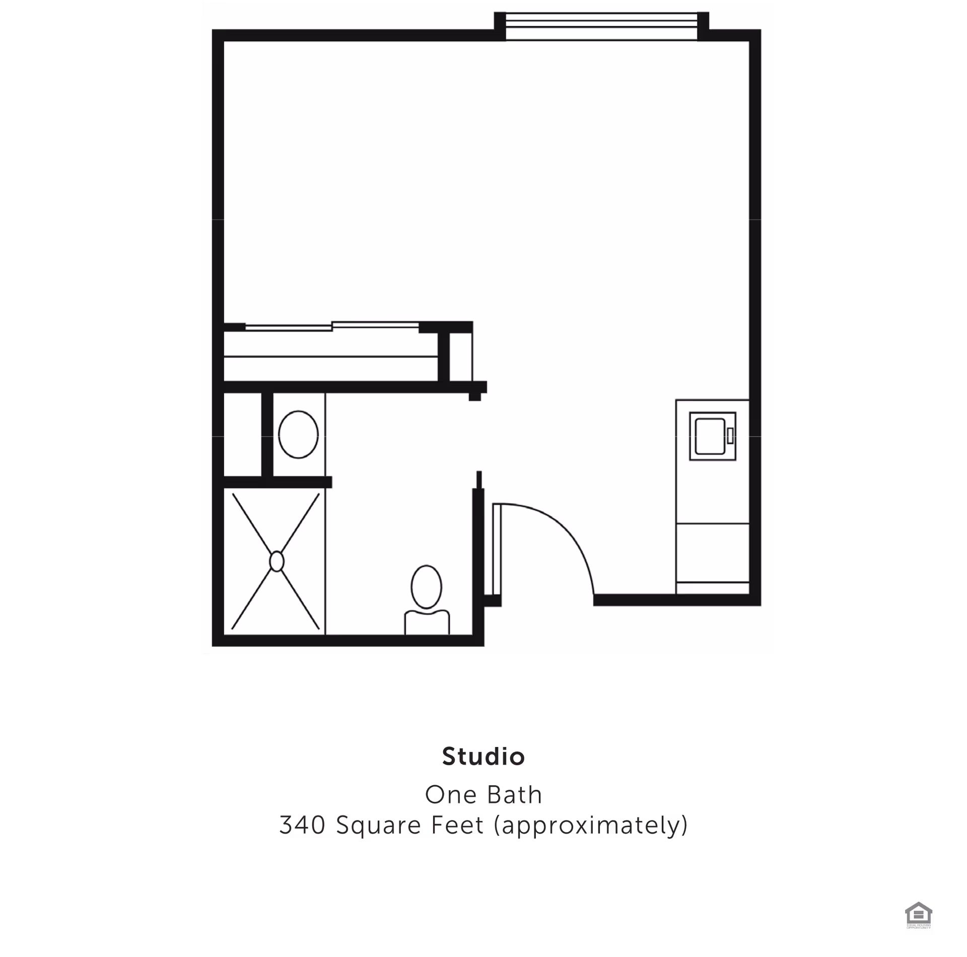 Floor plan of a studio apartment with one bathroom, approximately 340 square feet. The layout includes a main living area, a bathroom with a shower and toilet, and a small kitchen area.