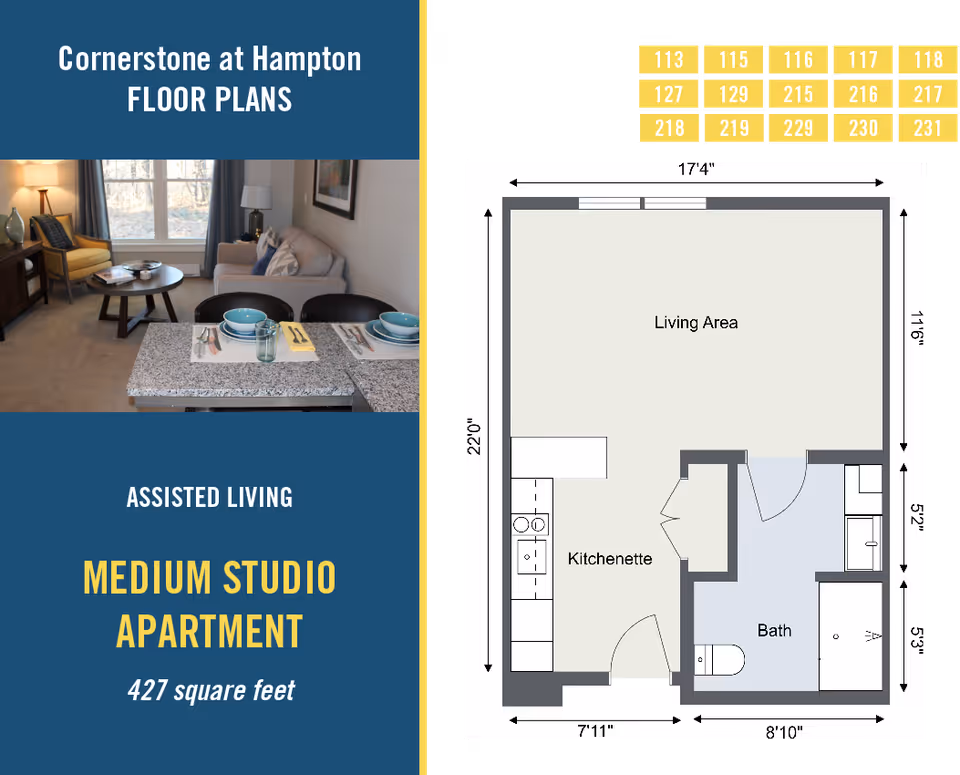 Floor plan of a medium studio apartment at Cornerstone at Hampton showing a living area, kitchenette, and bath with dimensions. On the left side, there is a photo of a living room with a sofa, armchair, coffee table, and a kitchen counter set with plates and glasses.