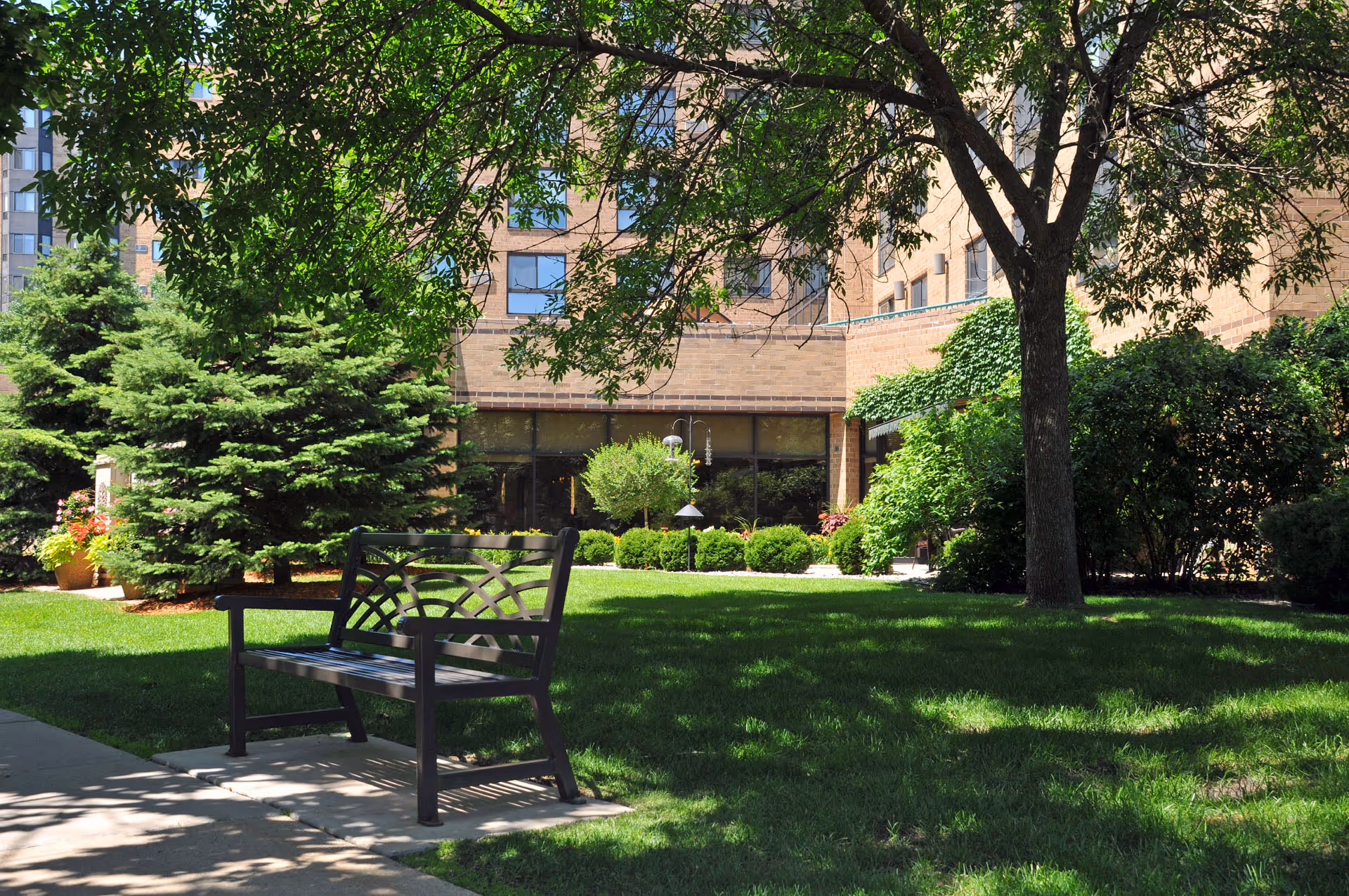 A peaceful outdoor garden area at The Wellington Senior Living featuring a black metal bench on a concrete path, lush green grass, various bushes, trees providing shade, and a brick building in the background with large windows.
