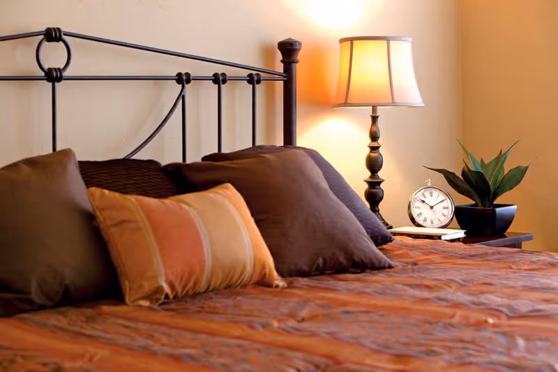 Close-up view of a bed with a black metal headboard, adorned with multiple pillows in shades of brown and orange. Next to the bed is a wooden nightstand with a classic table lamp, a round clock, a small stack of books, and a potted plant. The wall behind is painted in a warm beige color.