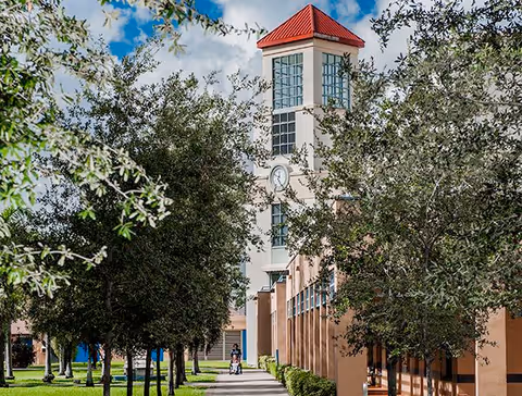 A tall building with a red roof tower and large windows is seen behind a row of trees lining a sidewalk. The sky is blue with some clouds, and a person is walking along the path near the building.