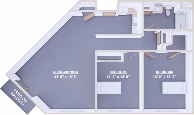 Floor plan of an apartment at Danbury Cuyahoga Falls showing a living/dining area, two bedrooms, a kitchen, a bathroom, and a patio or balcony.