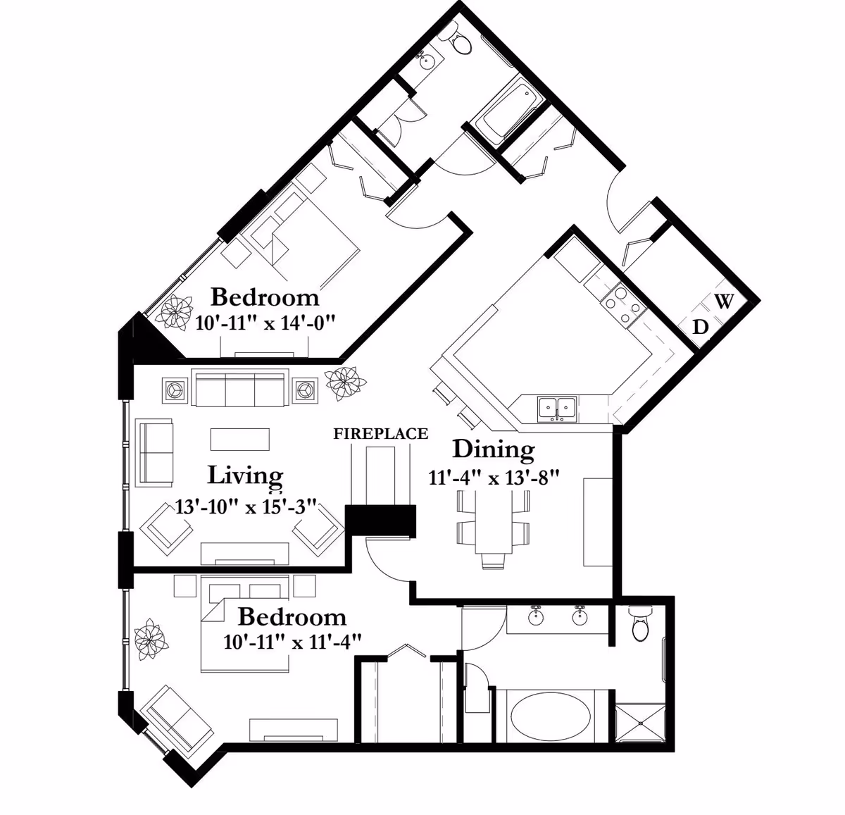 Architectural floor plan of a senior living unit at Summit Place Senior Campus showing two bedrooms, a living room with fireplace, a dining area, kitchen, two bathrooms, and a laundry area with washer and dryer.