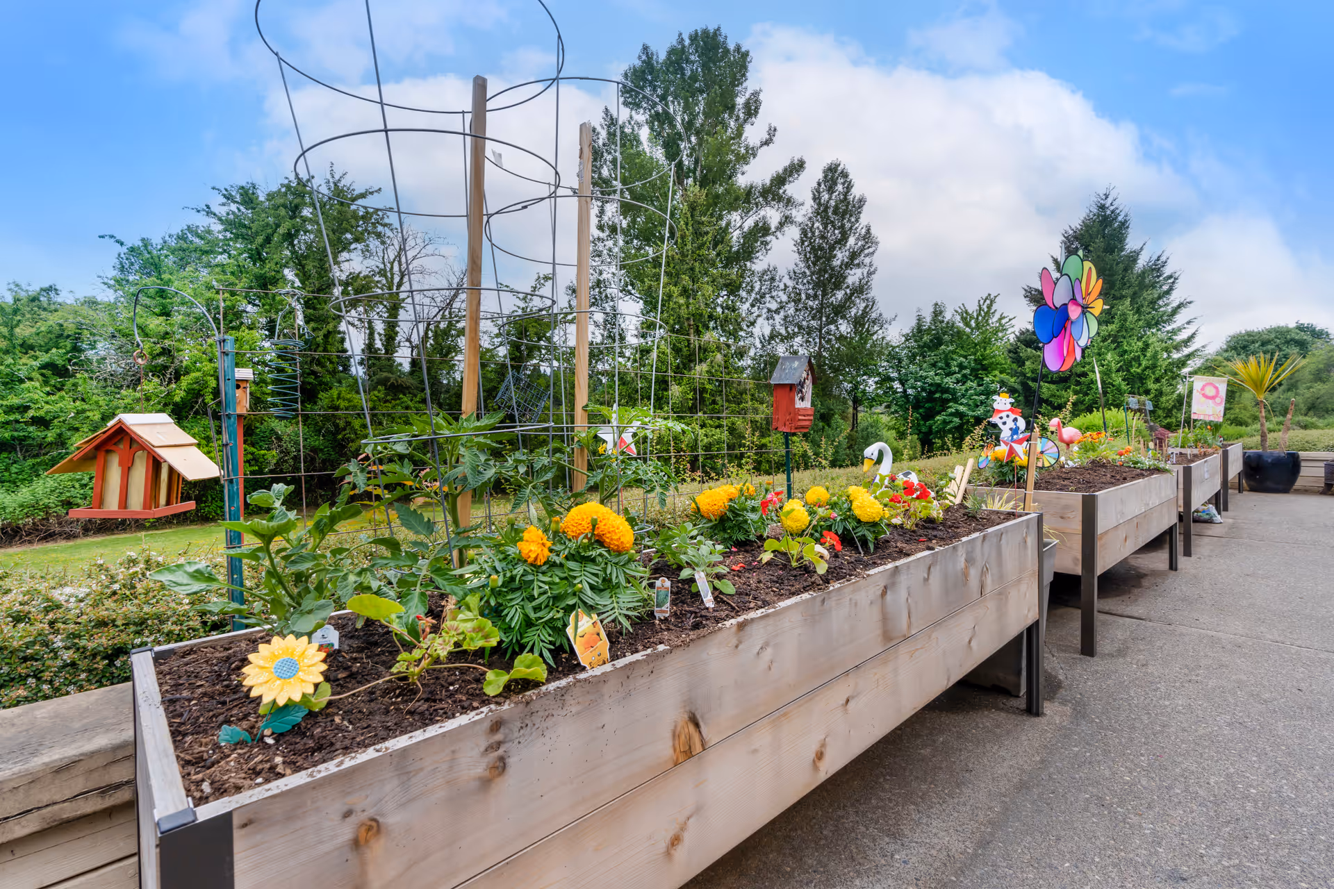 Raised wooden garden beds filled with various plants and flowers, decorated with colorful garden ornaments including a pinwheel, birdhouses, and animal figures, set on a concrete patio with green trees and a blue sky in the background.