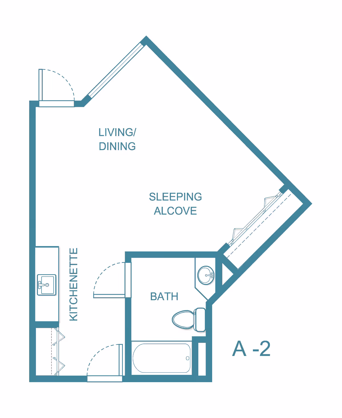 Architectural floor plan of a senior living studio apartment labeled A-2, showing areas for living/dining, a sleeping alcove, a kitchenette, and a bathroom with a bathtub, toilet, and sink.