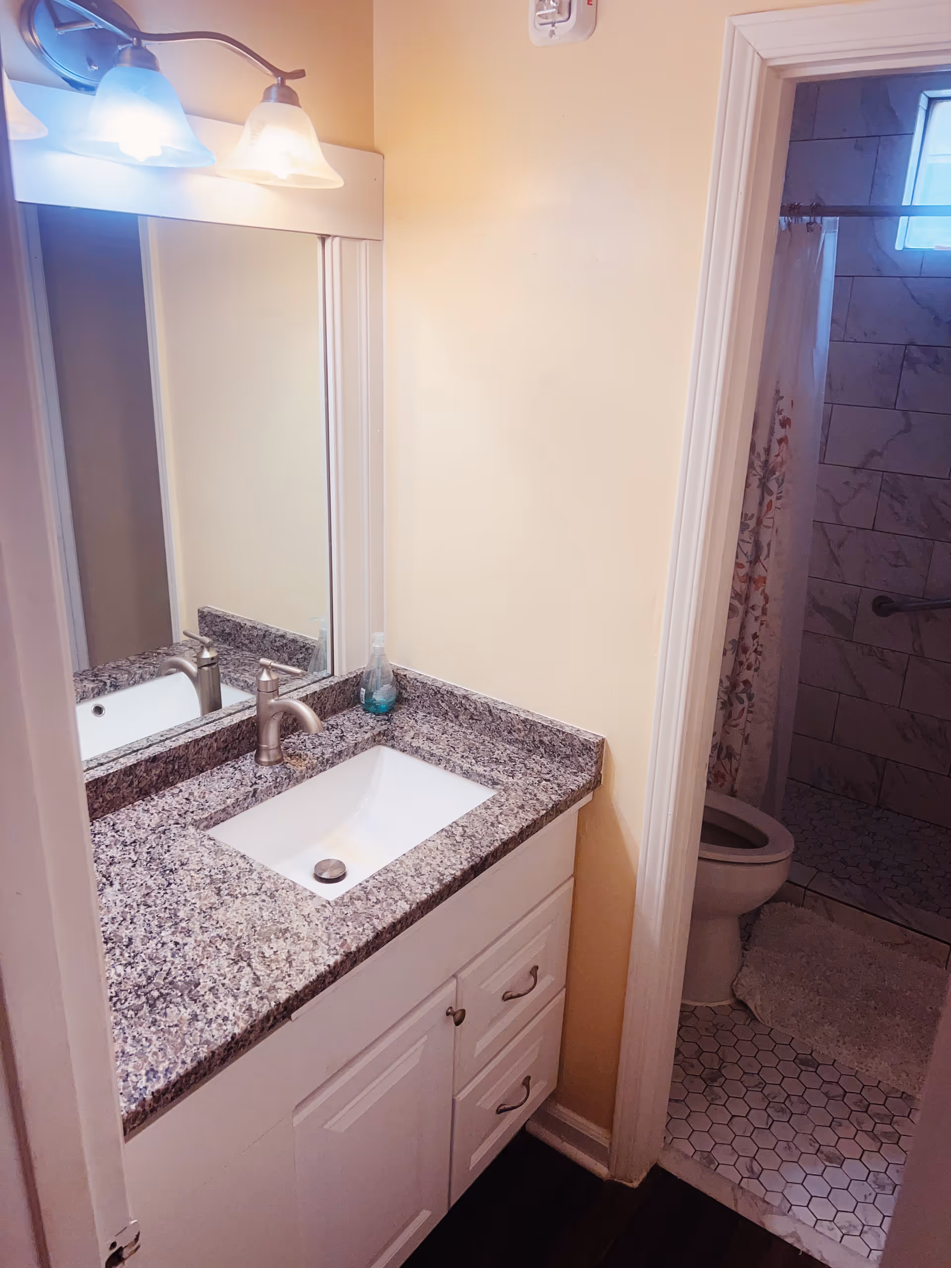 Vanity with granite countertop, undermount sink and mirror, with a toilet and tiled shower visible through an open door.