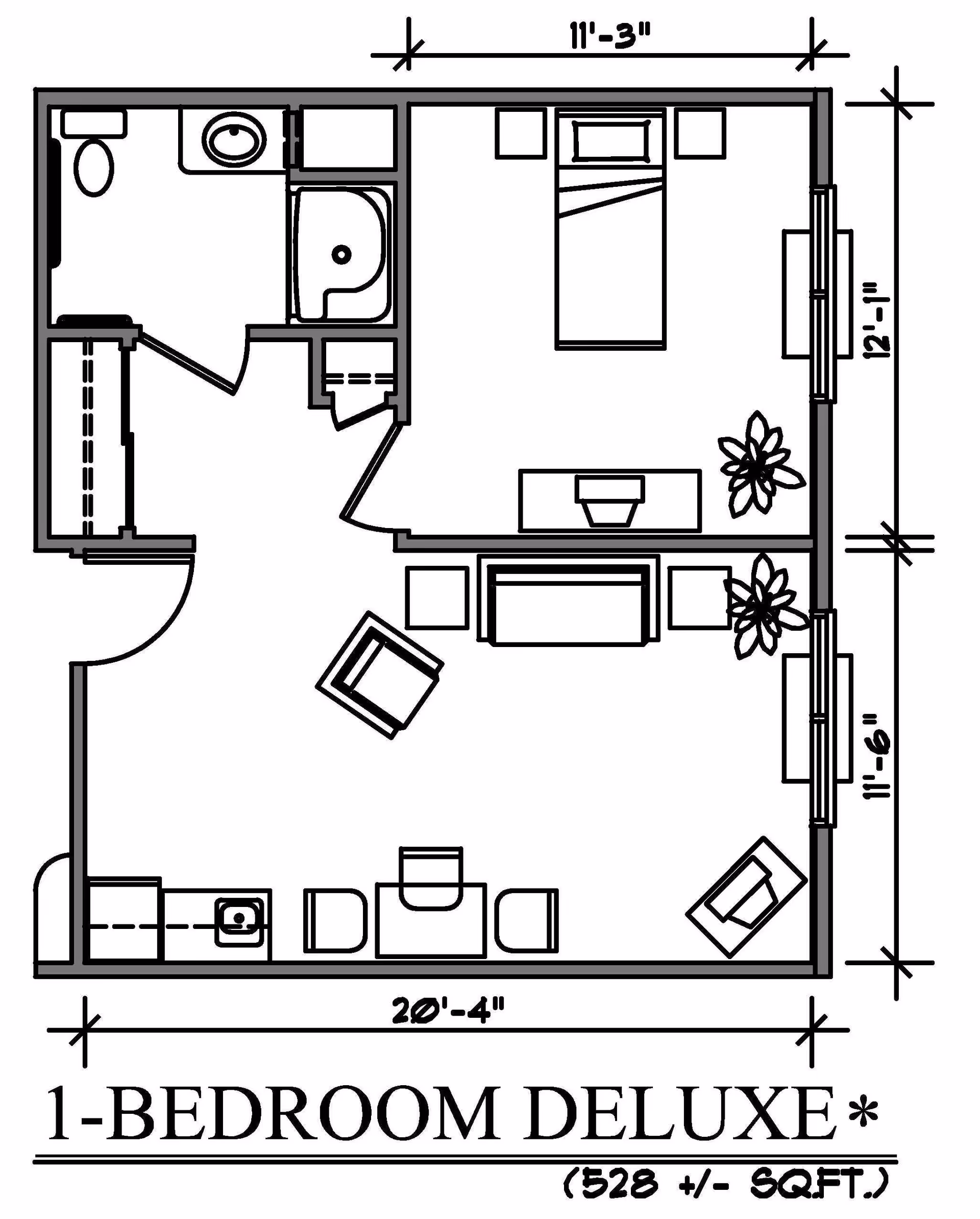 Architectural floor plan of a 1-bedroom deluxe apartment layout measuring approximately 528 square feet, showing a bedroom with a bed and two nightstands, a living area with sofa, chairs, and plants, a bathroom with toilet, sink, and bathtub, and a small kitchen area with sink and dining table with chairs.