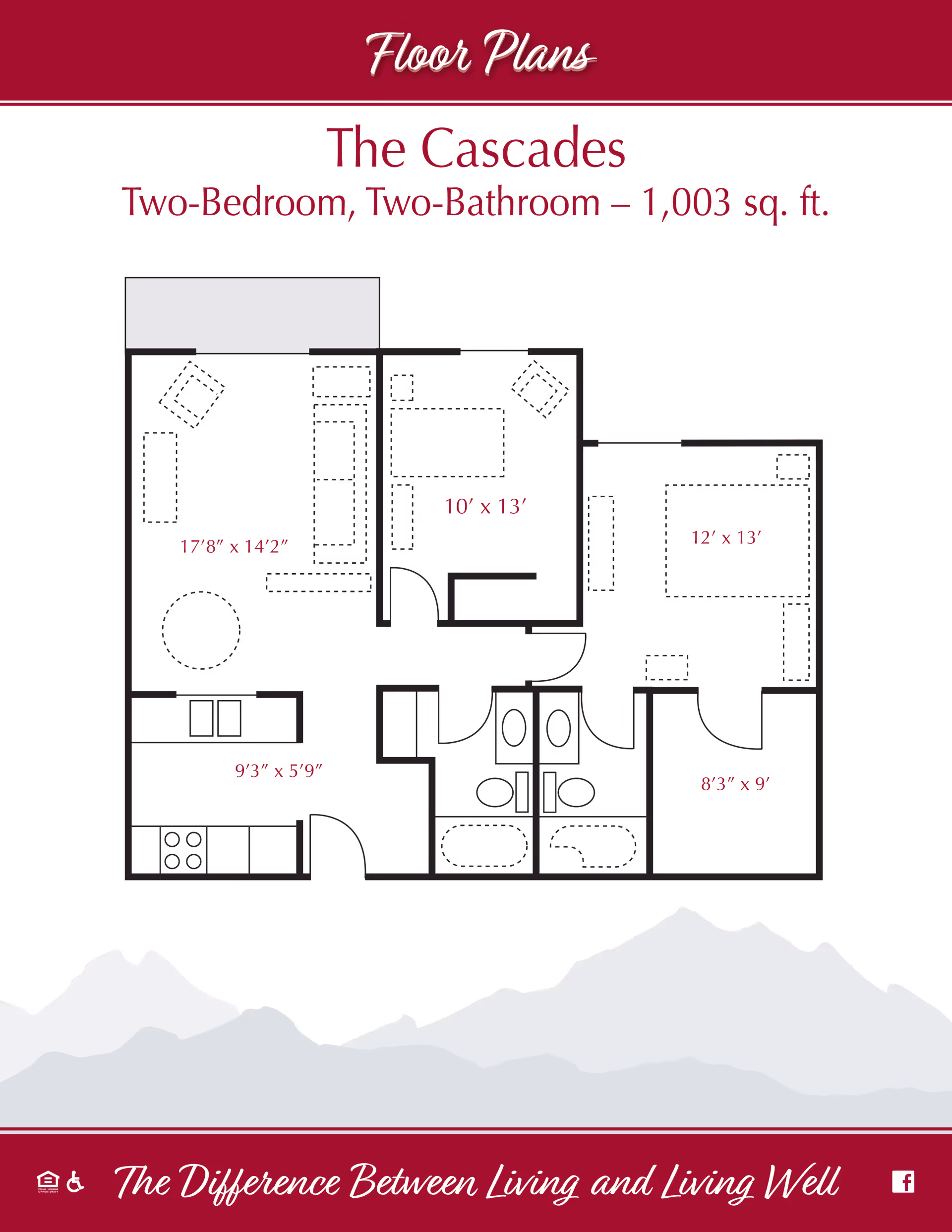 Floor plan of The Cascades at Cascades of Bremerton showing a two-bedroom, two-bathroom layout with a total area of 1,003 square feet. The plan includes dimensions for each room: living room 17'8" x 14'2", bedroom 10' x 13', bedroom 12' x 13', kitchen 9'3" x 5'9", and an additional room 8'3" x 9'. The layout also shows furniture placement and bathroom fixtures.