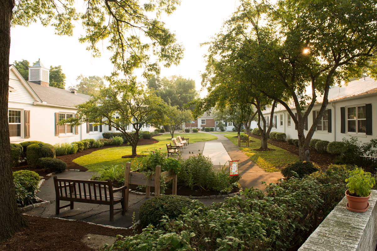 Sunlit landscaped courtyard with benches, trees, and a central walkway between low white buildings.