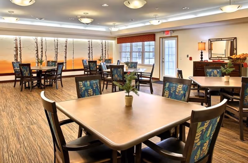 Bright communal dining room with multiple square tables and upholstered chairs, wood-patterned flooring, and a birch-tree mural on the wall.