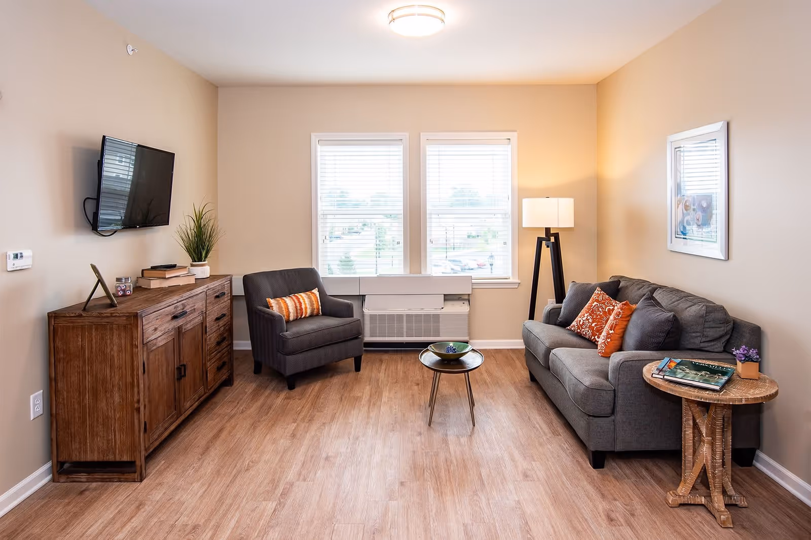 A cozy living room with beige walls and wood flooring. The room features a gray armchair with an orange and white striped pillow, a gray sofa with multiple pillows in shades of gray and orange, a small round wooden coffee table with a decorative bowl, and a wooden side table with magazines and a small potted plant. A wooden cabinet with books and a plant sits beneath a wall-mounted flat screen TV. Two windows with white blinds allow natural light to enter the room, and a floor lamp stands in the corner next to the sofa. A framed artwork hangs on the wall above the sofa.