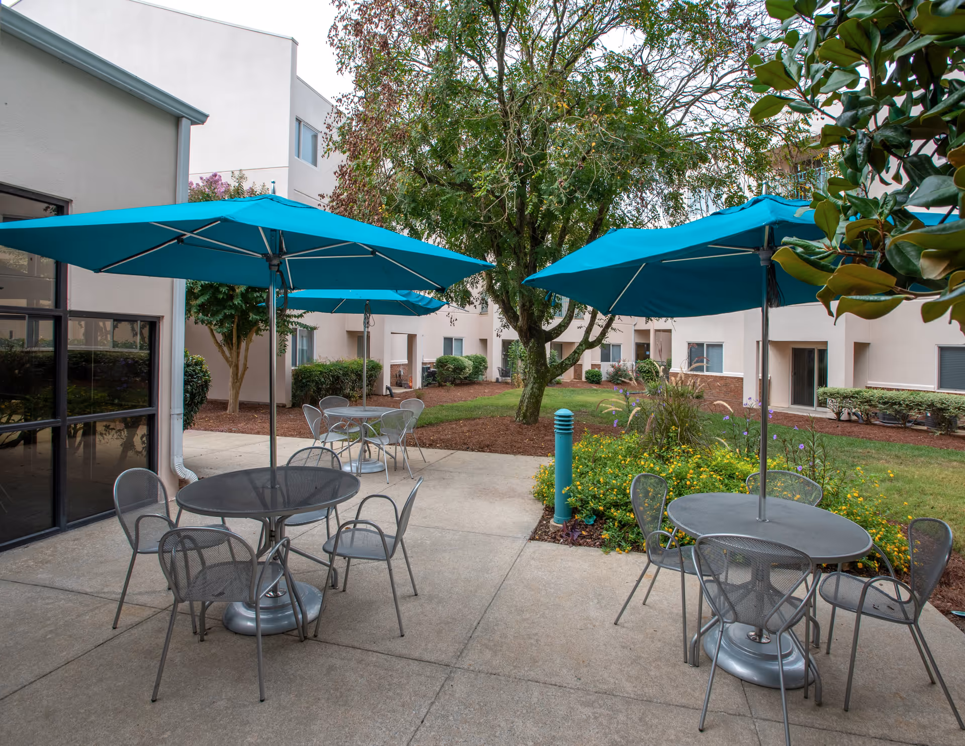 Outdoor patio area with round metal tables and chairs, each table shaded by a large blue umbrella. The patio is surrounded by a garden with green grass, bushes, and a tree in the center. The building walls with windows and doors are visible in the background.