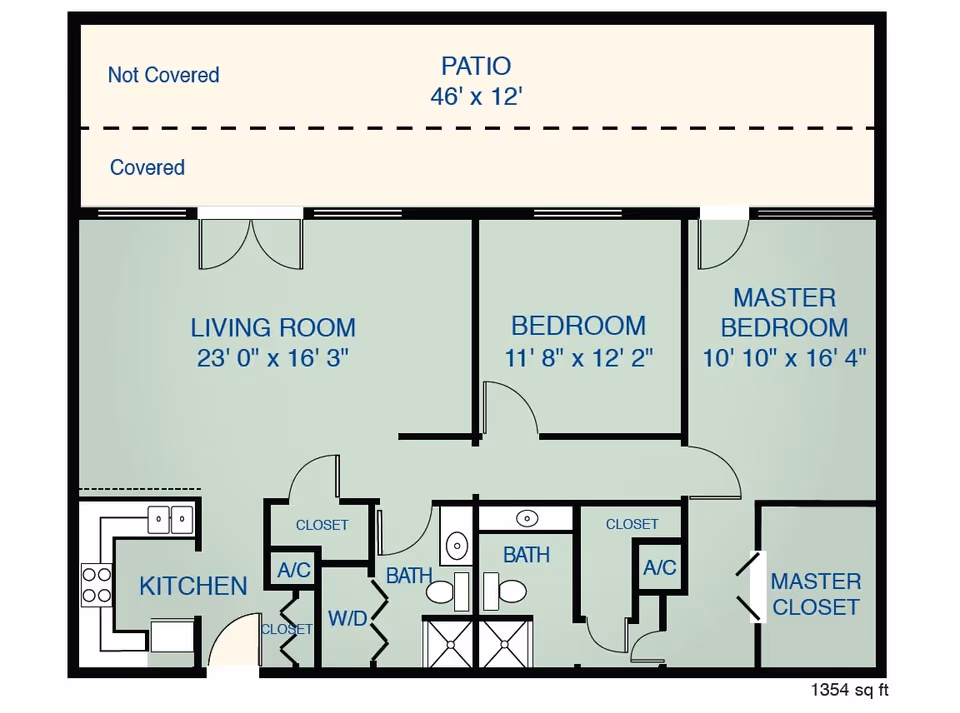 Floor plan of a residential unit at Buckner Westminster Place showing a living room, kitchen, two bedrooms including a master bedroom with a master closet, two bathrooms, closets, air conditioning units, washer/dryer area, and a patio with covered and not covered sections.