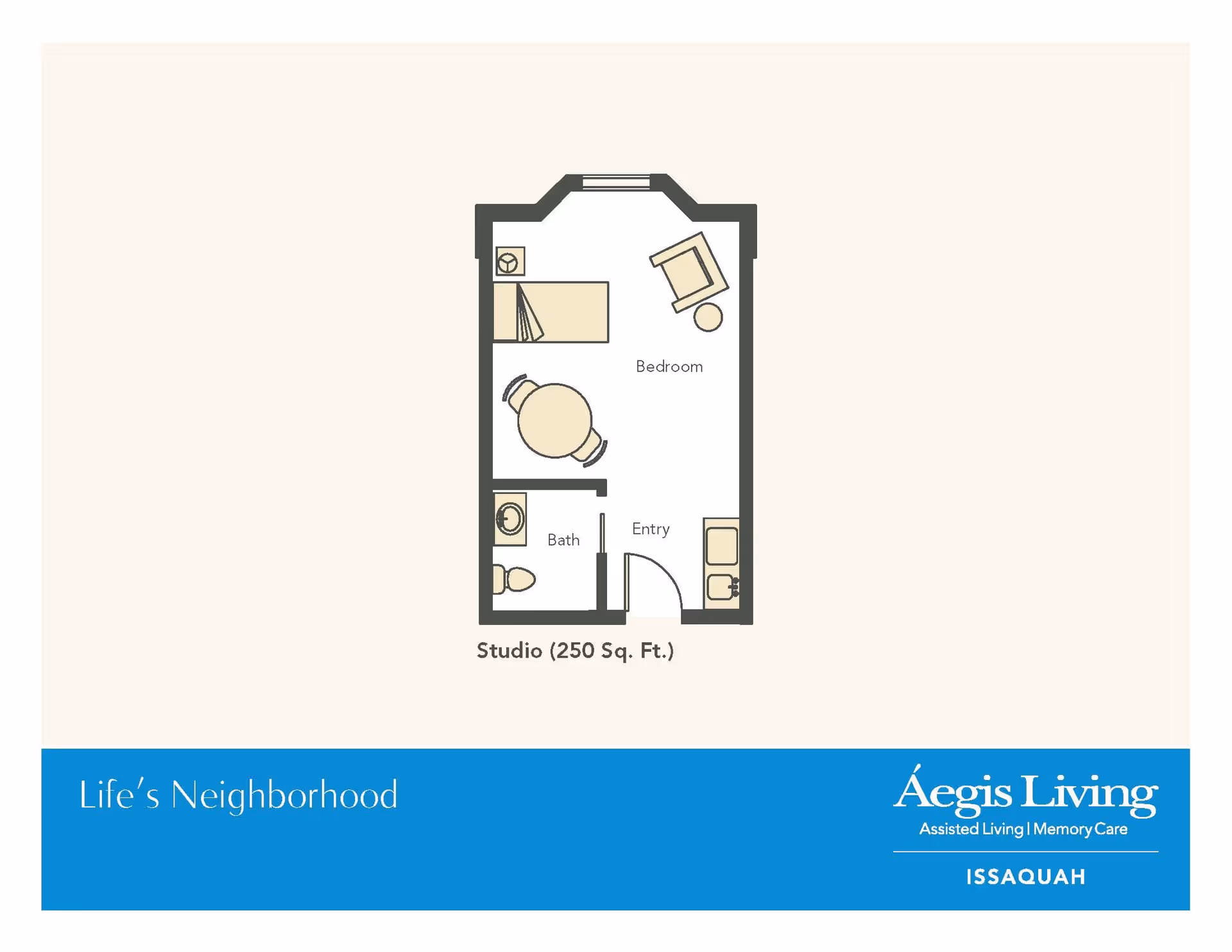 Floor plan of a studio apartment measuring 250 square feet, showing a bedroom area with a bed, chair, and table, a bathroom with a toilet and sink, and an entry area with a kitchenette. The image includes branding for Aegis Living Issaquah at the bottom.