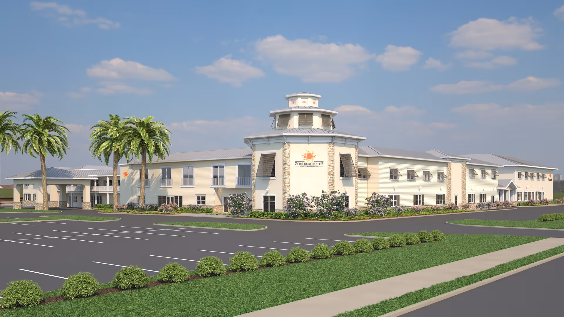 Exterior daytime view of a two-story coastal senior living building labeled 'Zon Beachside' with palm trees, landscaping, and an empty parking lot.