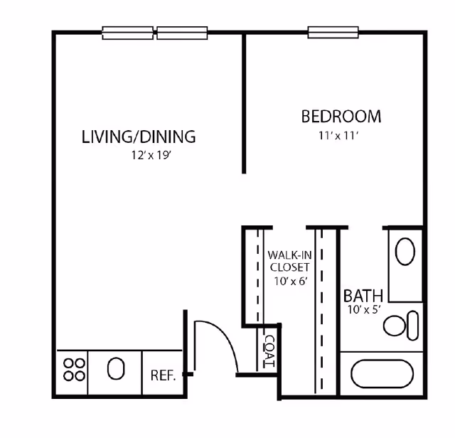 Floor plan of a senior living unit at Cedarhurst Senior Living of Tesson Heights showing a living/dining area, bedroom, walk-in closet, coat closet, kitchen area with stove, sink, and refrigerator, and a bathroom with bathtub, toilet, and sink.