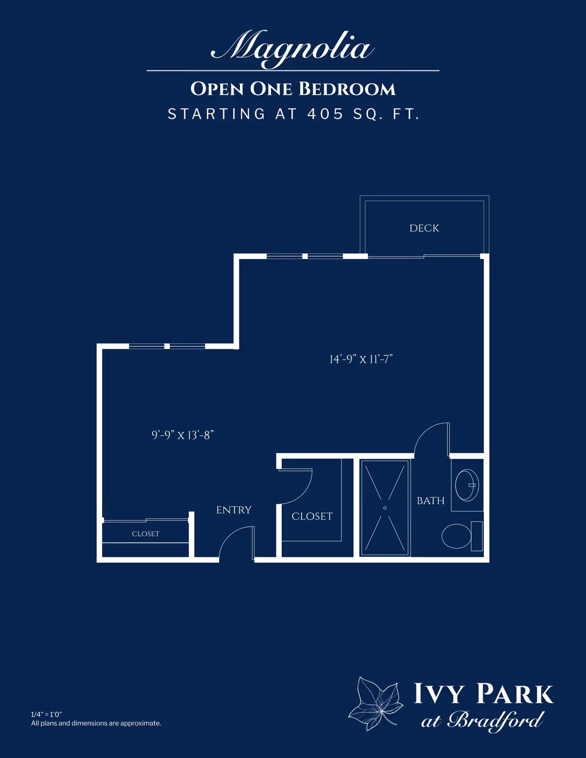 Floor plan for Magnolia open one bedroom apartment at Ivy Park at Bradford, starting at 405 square feet. The layout includes an entry, two closets, a bathroom with a shower, toilet, and sink, a living area measuring 14 feet 9 inches by 11 feet 7 inches, a bedroom area measuring 9 feet 9 inches by 13 feet 8 inches, and a deck.