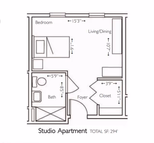 Floor plan of a studio apartment at Morningside House of Friendship showing a bedroom area with a bed and nightstand, a living/dining area, a bathroom with a toilet and sink, a foyer, and a closet. Dimensions for each area are indicated.