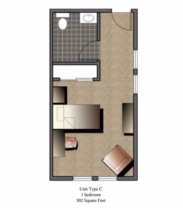 Floor plan of a one-bedroom unit labeled Unit Type C at French Meadow Place, showing a 302 square feet layout with a bedroom, bathroom, and living area.