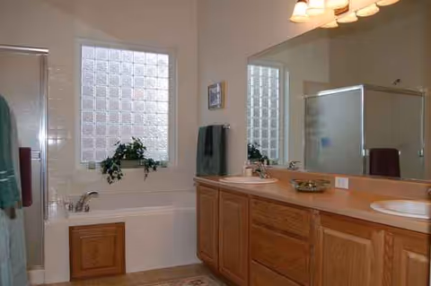 Bright bathroom with double sink vanity, large mirror, tub, shower, and potted plants.