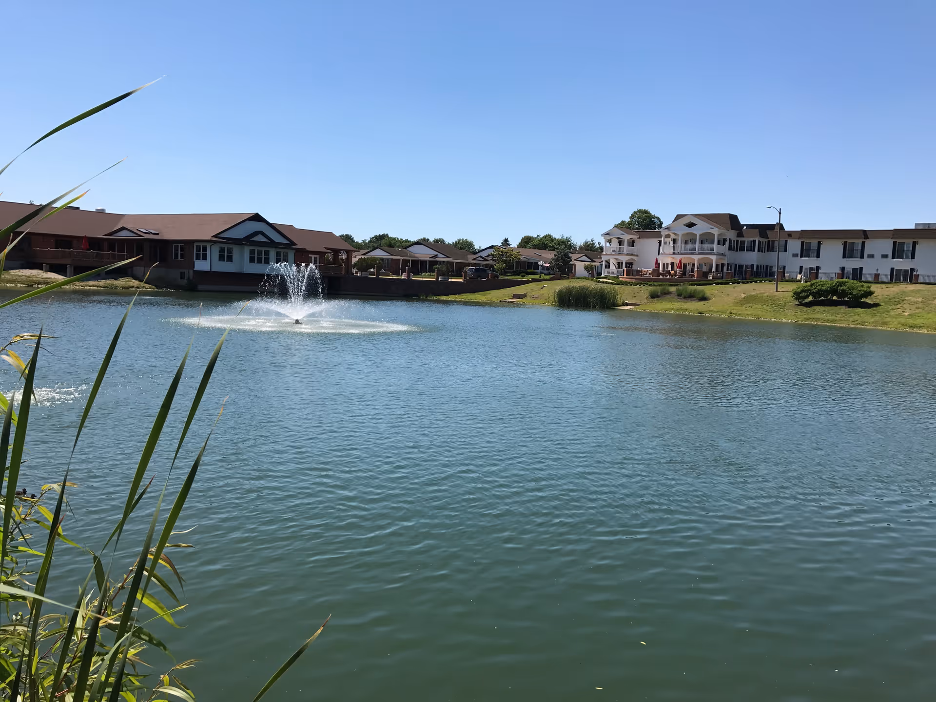 A pond with a fountain and reeds in the foreground, with nursing home buildings along the far shore under a clear blue sky.