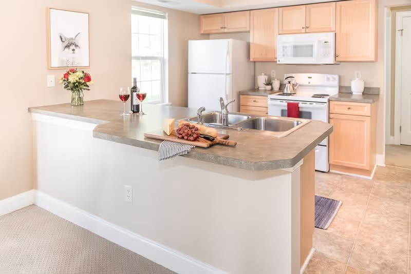 Bright kitchen area with light wood cabinets, white refrigerator, stove, and microwave. A countertop with a double sink extends into the room, decorated with a cutting board holding grapes, cheese, and bread, alongside two glasses of red wine and a bottle. A window lets in natural light, and a framed animal picture hangs on the wall.