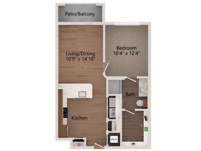 Floor plan of a one-bedroom apartment at Overture Powers Ferry showing a patio/balcony, combined living and dining area, kitchen, bedroom, bathroom, and mechanical closet.