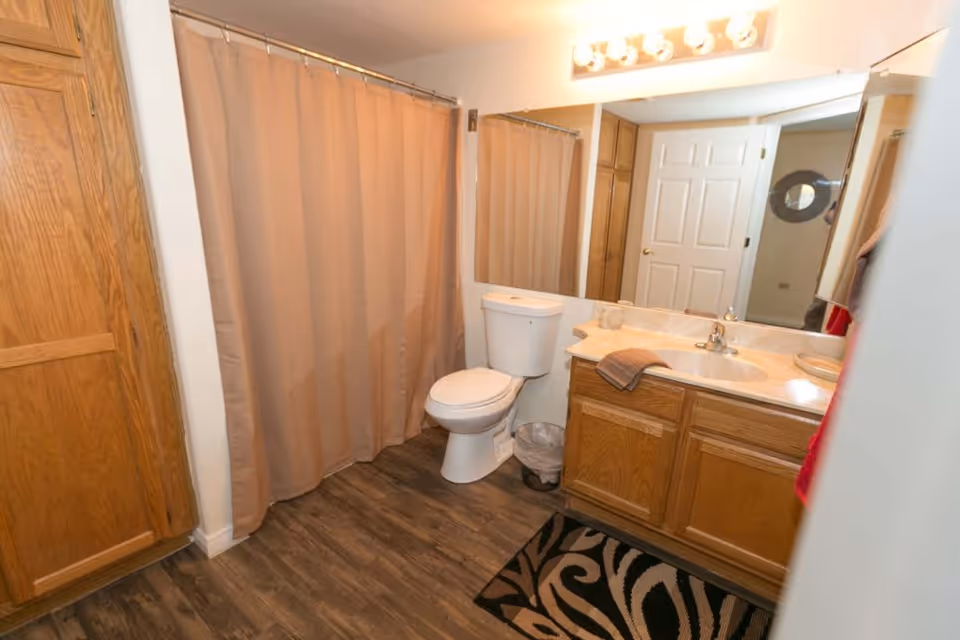 A bathroom with a toilet, a sink with a countertop and wooden cabinets, a large mirror above the sink, a shower with a beige curtain, wooden floor, and a patterned rug in front of the sink. There is a white door and additional wooden storage cabinets visible.