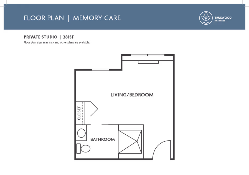 Floor plan for a memory care private studio at Truewood by Merrill, Clovis, showing a 281 square feet layout with a combined living and bedroom area, a bathroom, and a closet.