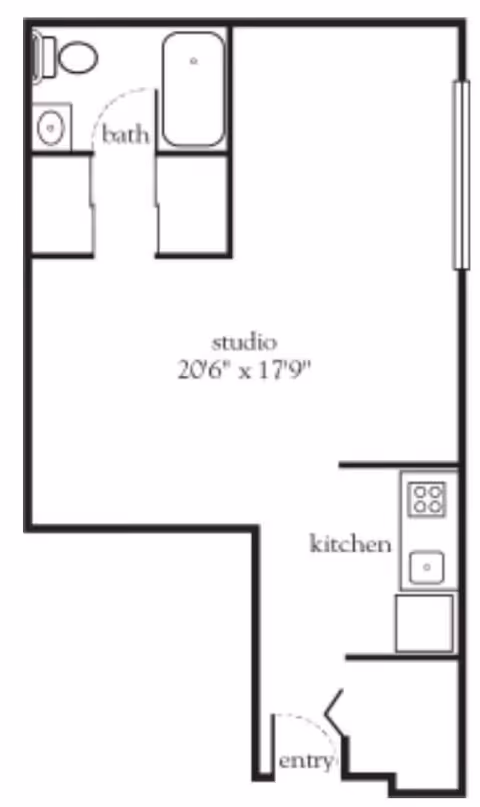 Floor plan of a studio apartment at Atria Kinghaven showing a combined studio living space measuring 20 feet 6 inches by 17 feet 9 inches, a kitchen area with a stove and sink, an entryway, and a bathroom with a toilet, sink, and bathtub.