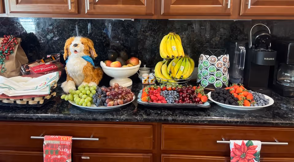 A kitchen countertop with a variety of fresh fruits including green grapes, red grapes, apples, bananas, strawberries, blueberries, raspberries, cherries, and blackberries arranged on plates and in a fruit bowl. There is a stuffed dog toy wearing a blue bandana, a Keurig coffee maker with a carousel of coffee pods, and a drip coffee maker. The countertop is dark marble with wooden cabinets above and below, and two festive kitchen towels hanging from the cabinet handles.